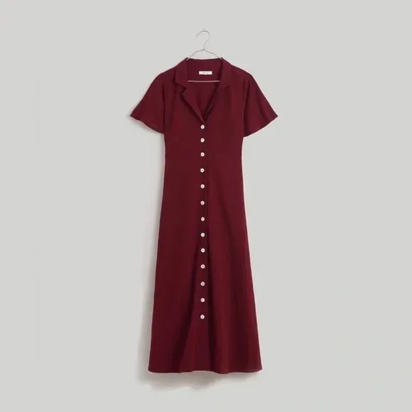 NWT Madewell | Crinkle Cotton Button-Front Midi Dress in Burgundy Size 0 - Picture 5 of 11